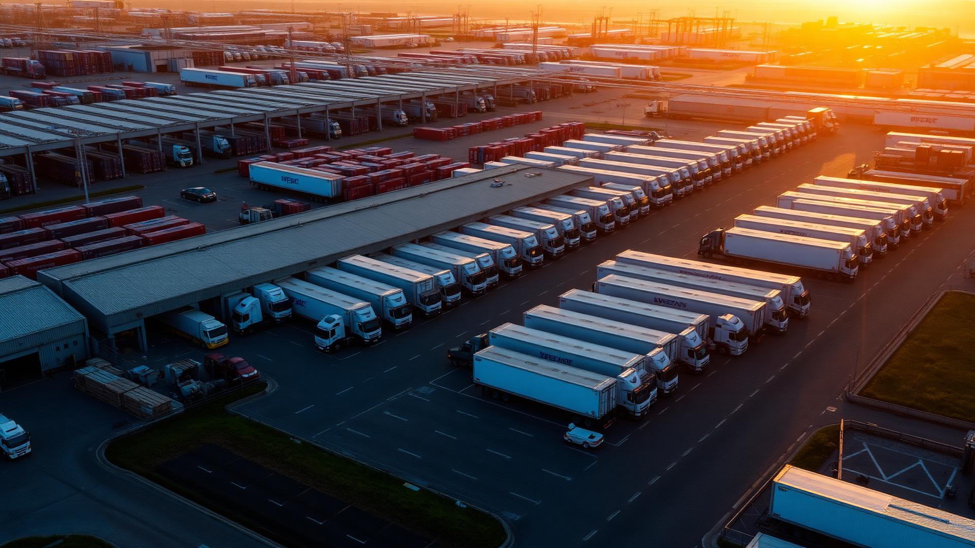 Modern logistics hub at golden hour